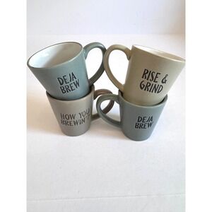 Stoneware Coffee Mug Set of 4 Earthy Sage Tan Deja Brew Rise & Grind Puns